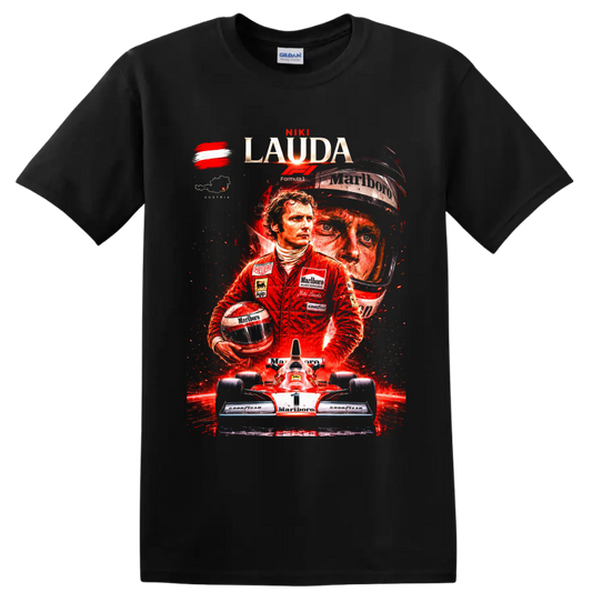 Niki Lauda dramatic Formula 1 collage with helmet, Austrian flag, and number 1 race car on a Black T Shirt