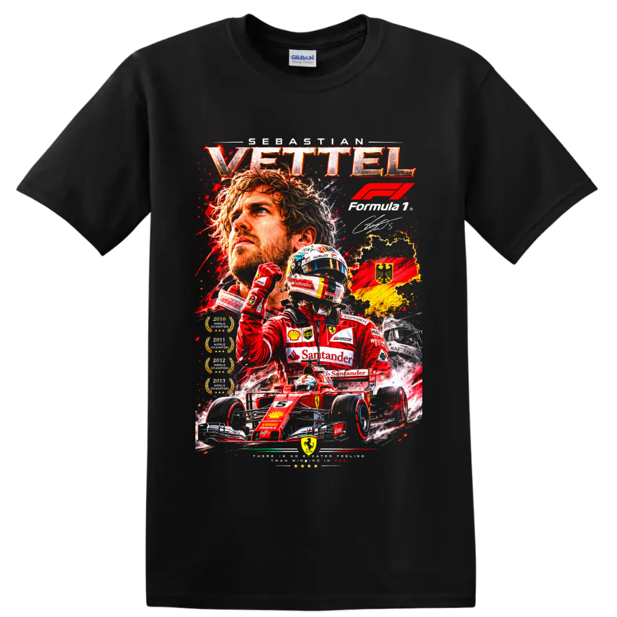 Sebastian Vettel Ferrari Formula 1 racing collage with red car, helmet, and German flag on a Black T Shirt
