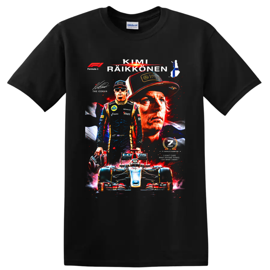 Kimi Räikkönen Formula 1 Lotus Renault portrait collage with race car and Finnish flag on a Black T Shirt