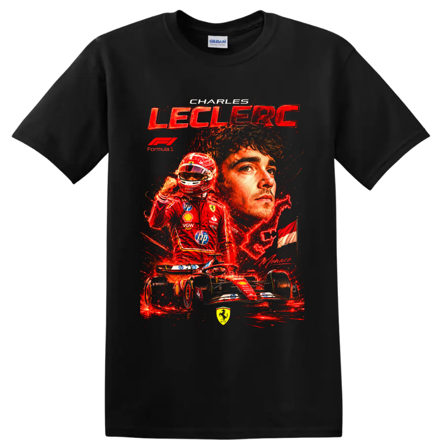 Charles Leclerc Ferrari Formula 1 portrait, helmeted driver, and race car collage on a Black T Shirt