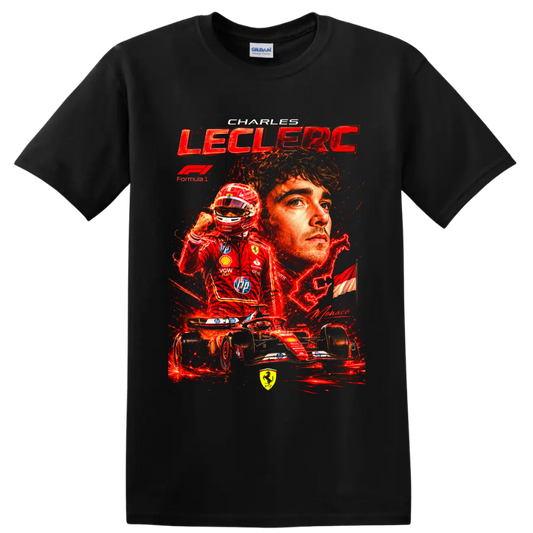 Charles Leclerc Ferrari Formula 1 portrait, helmeted driver, and race car collage on a Black T Shirt