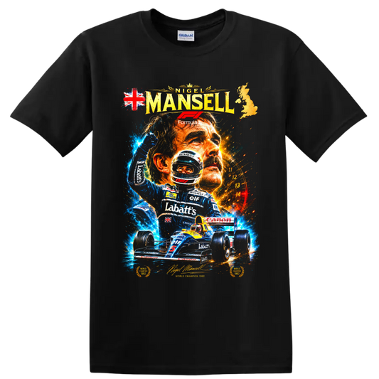 Nigel Mansell 1992 Williams Renault Formula 1 racing collage with championship car on a Black T Shirt