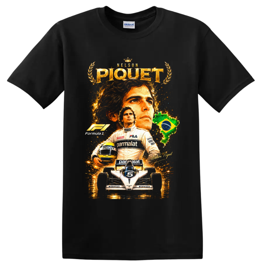 Nelson Piquet Brabham Formula 1 portrait, helmet, race car, and Brazil graphic on a Black T Shirt