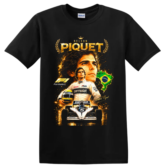 Nelson Piquet Brabham Formula 1 portrait, helmet, race car, and Brazil graphic on a Black T Shirt
