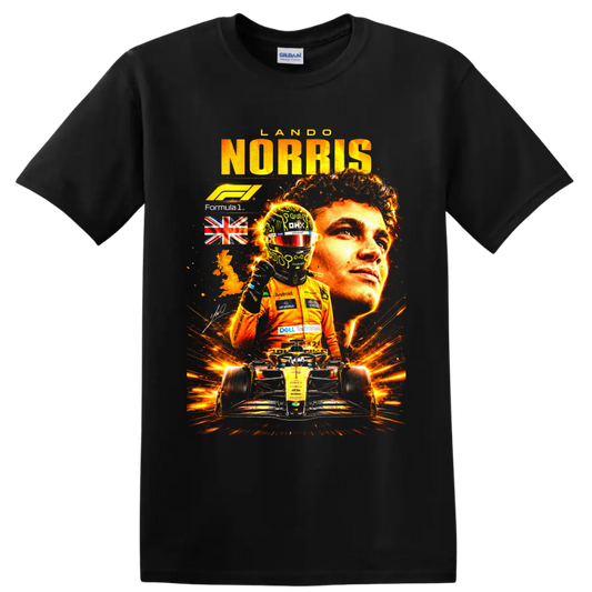 Lando Norris McLaren Formula 1 racing portrait with helmeted driver and race car on a Black T Shirt