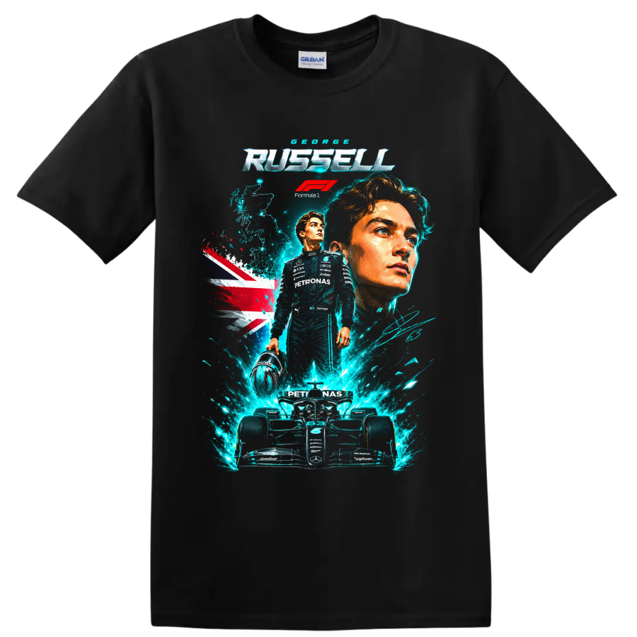 George Russell Mercedes Formula 1 portrait and race car graphic with Union Jack on a Black T Shirt