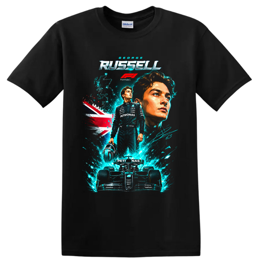 George Russell Mercedes Formula 1 portrait and race car graphic with Union Jack on a Black T Shirt