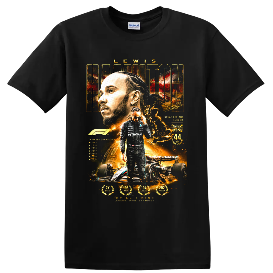 Lewis Hamilton Formula 1 championship collage with Mercedes-AMG Petronas car and number 44 on a Black T Shirt