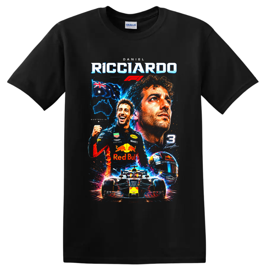 Daniel Ricciardo F1 collage with Red Bull car, helmet, Australian flag and number 3 on a Black T Shirt