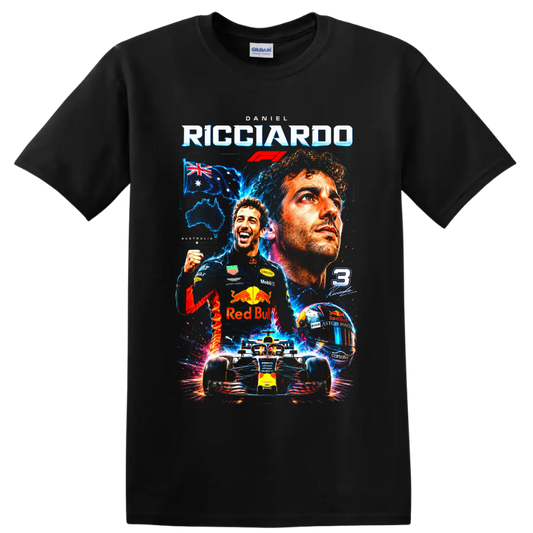Daniel Ricciardo F1 collage with Red Bull car, helmet, Australian flag and number 3 on a Black T Shirt