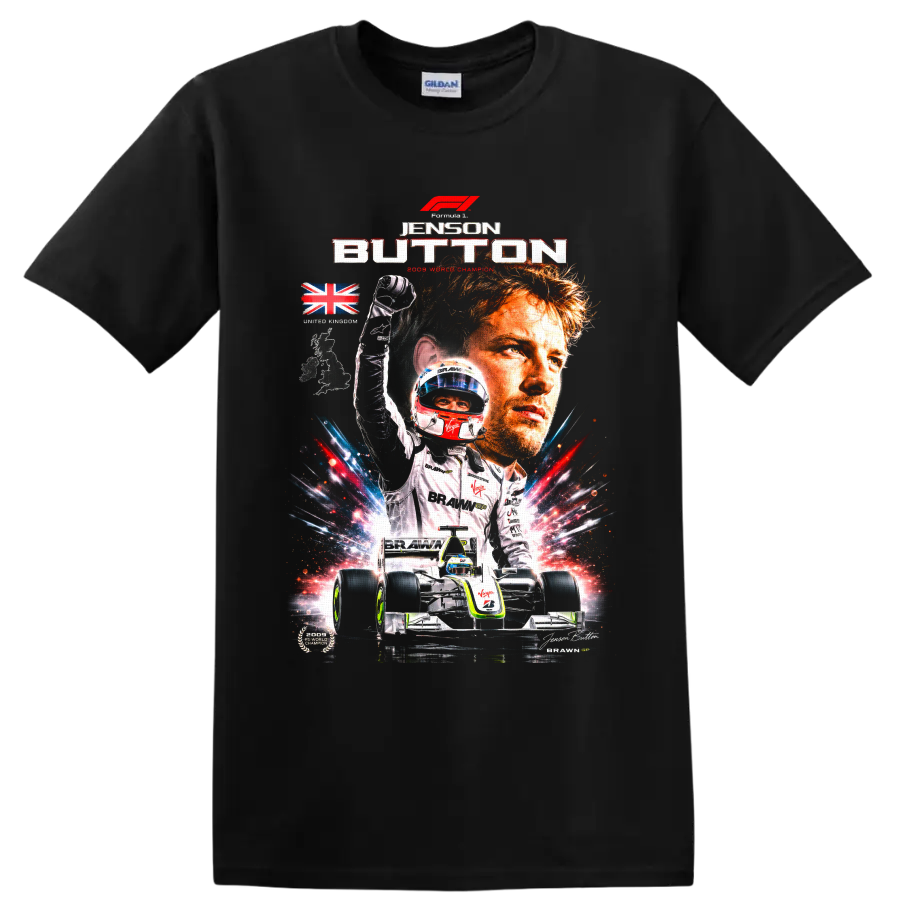 Jenson Button Brawn GP 2009 champion collage with car, helmet, trophy, and Union Jack on a Black T Shirt
