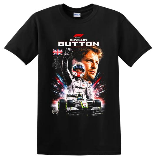 Jenson Button Brawn GP 2009 champion collage with car, helmet, trophy, and Union Jack on a Black T Shirt