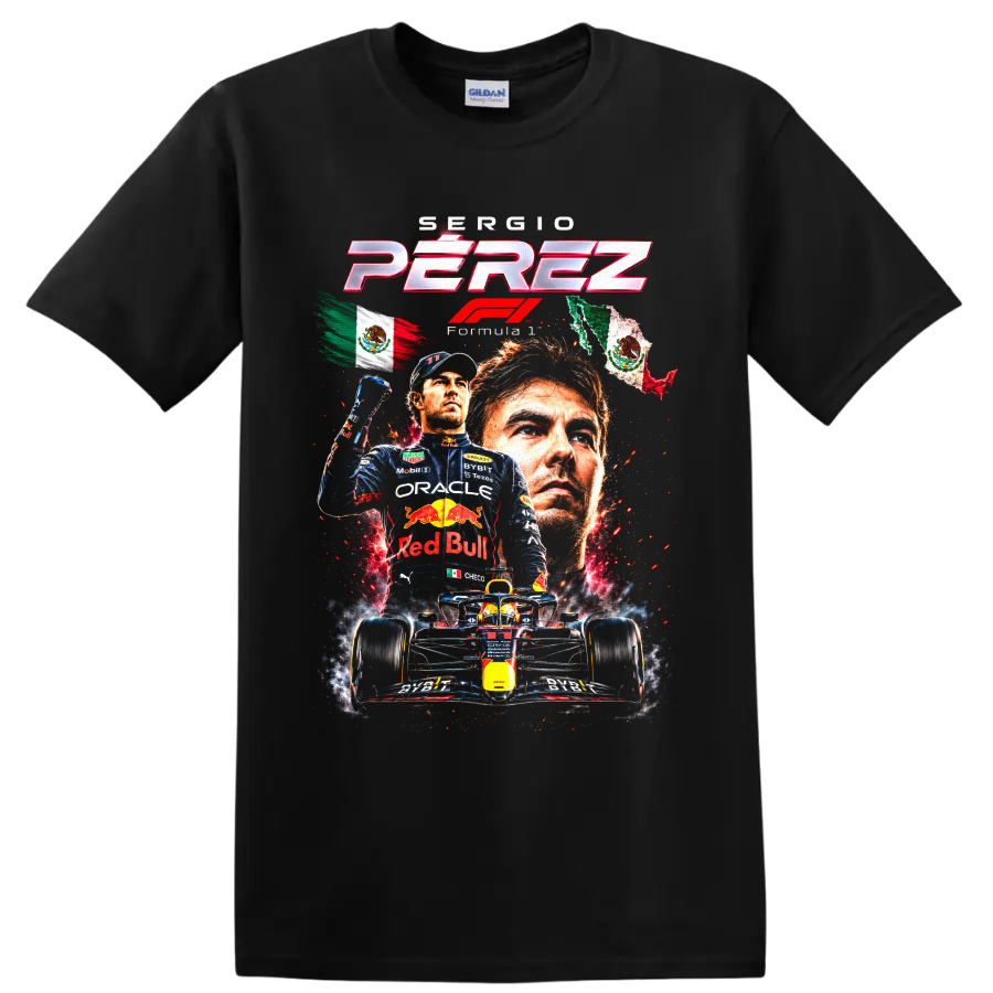 Sergio Pérez Formula 1 Red Bull Racing collage with Mexican flags and race car on a Black T Shirt