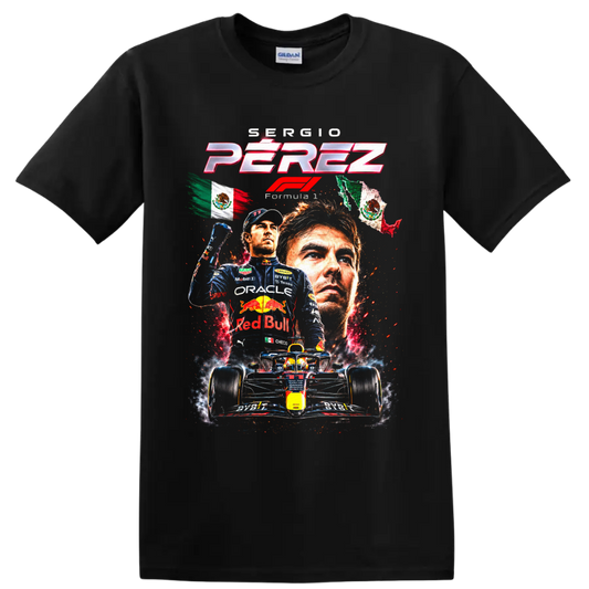 Sergio Pérez Formula 1 Red Bull Racing collage with Mexican flags and race car on a Black T Shirt