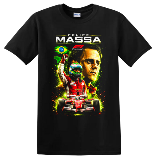 Felipe Massa Ferrari Formula 1 collage with Brazilian flag, driver portrait, and red race on a Black T Shirt