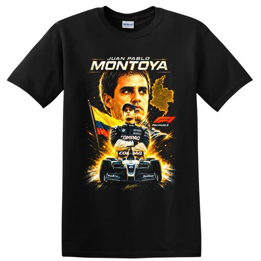 Juan Pablo Montoya Formula 1 portrait with Colombian flag, map, and number 6 race car on a Black T Shirt