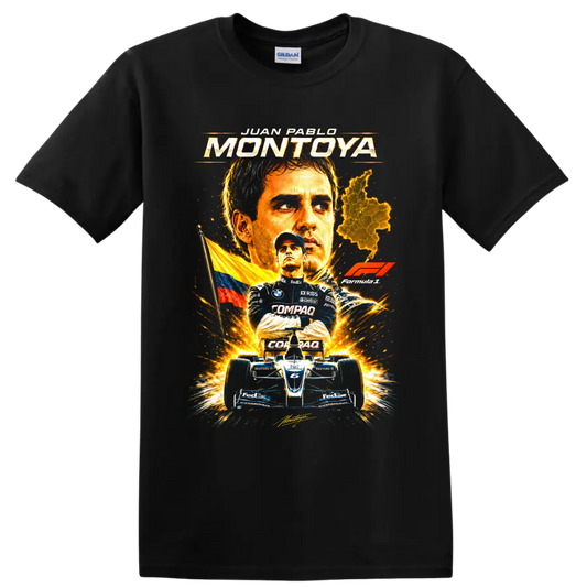 Juan Pablo Montoya Formula 1 portrait with Colombian flag, map, and number 6 race car on a Black T Shirt