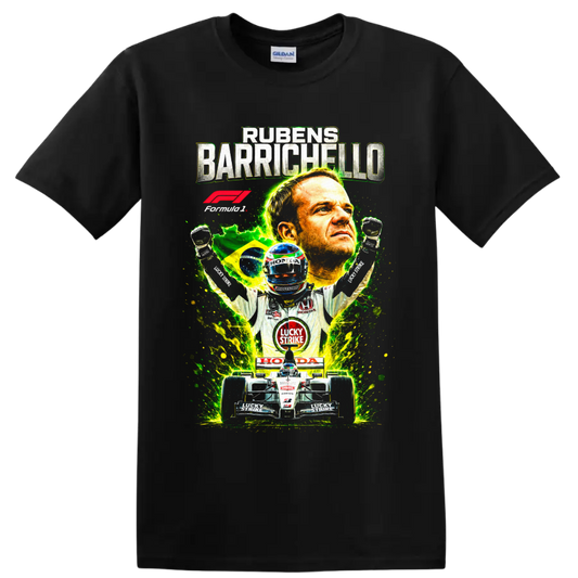 Rubens Barrichello BAR Honda Formula 1 racing collage with Brazilian flag and race car on a Black T Shirt