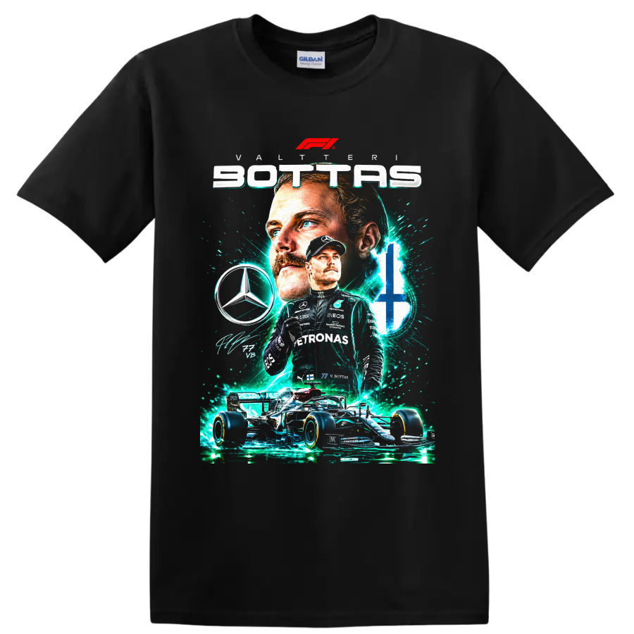 Valtteri Bottas Mercedes Formula 1 number 77 racing collage with teal energy effects on a Black T Shirt