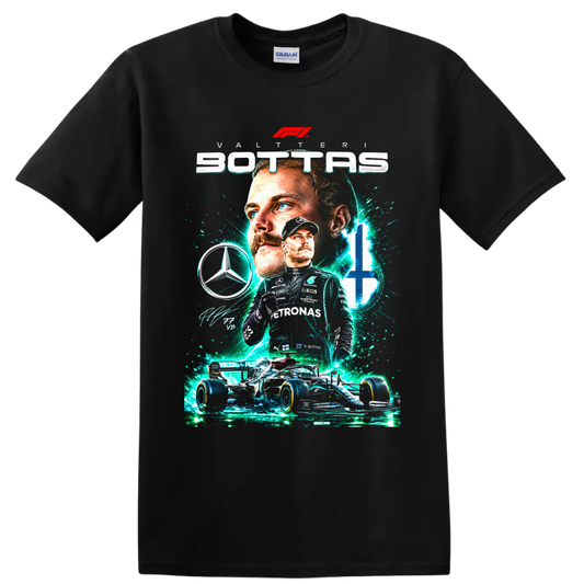 Valtteri Bottas Mercedes Formula 1 number 77 racing collage with teal energy effects on a Black T Shirt