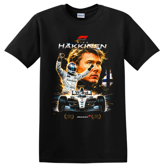 Mika Häkkinen McLaren racing portrait, victory pose, race car and Finnish flag on a Black T Shirt