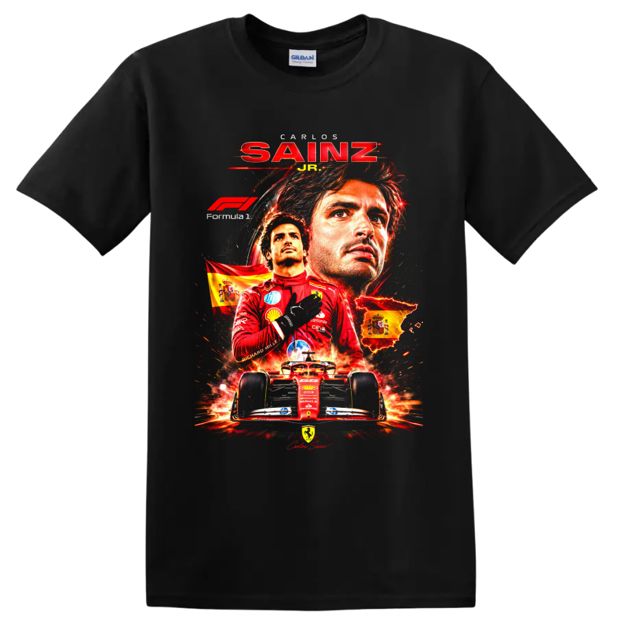 Carlos Sainz Jr Ferrari Formula 1 poster graphic with Spanish flags and red race car on a Black T Shirt