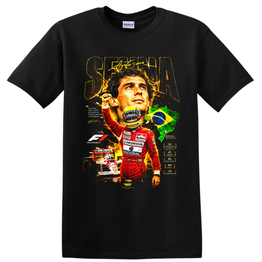 Ayrton Senna Formula 1 tribute collage with Brazil map, race car, and helmet on a Black T Shirt