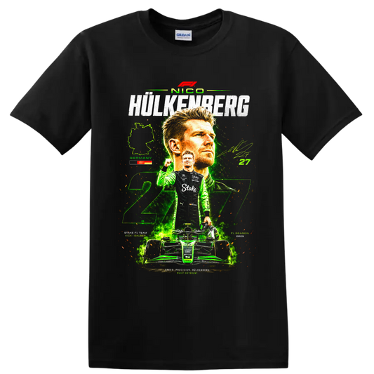 Nico Hülkenberg Kick Sauber 27 racing collage with portrait, helmet, and race car on a Black T Shirt