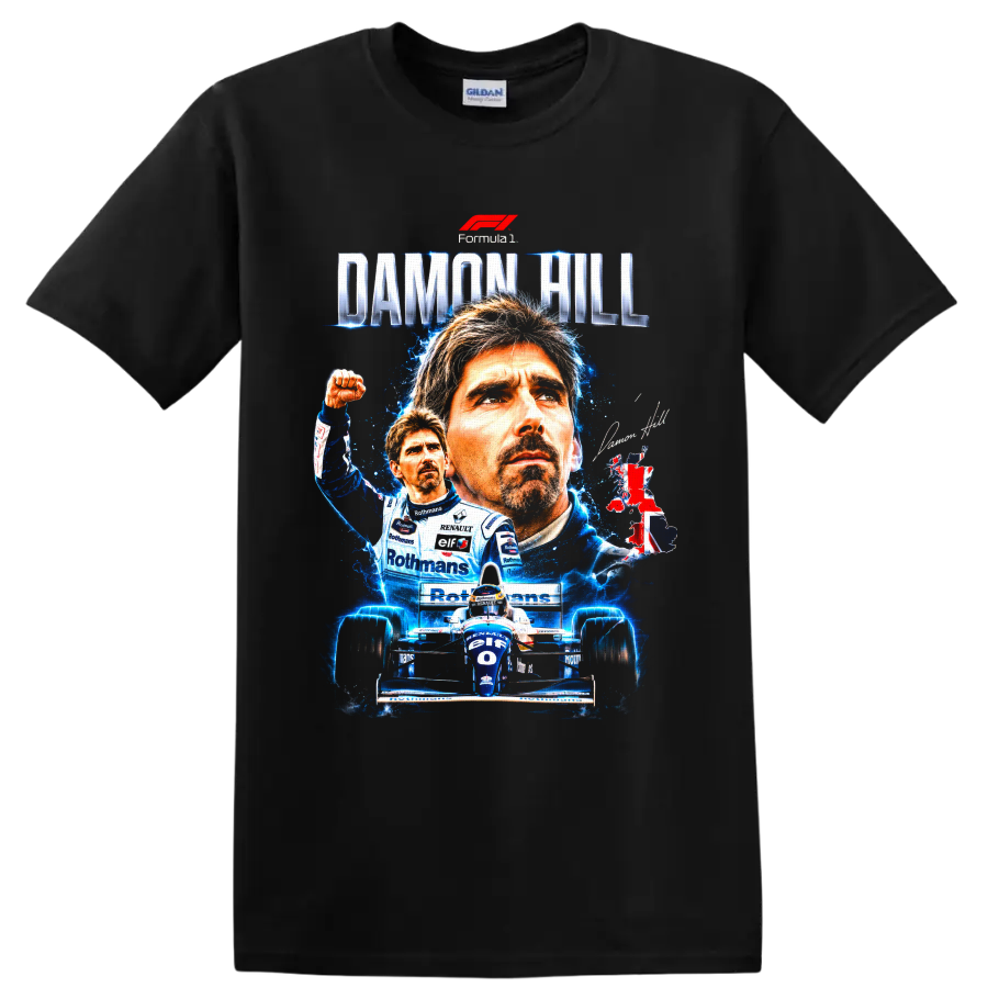Damon Hill Williams Formula 1 portrait collage with race car and DAMON HILL text on a Black T Shirt