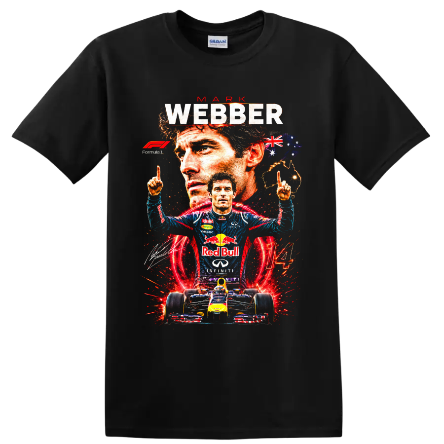 Mark Webber Red Bull Racing Formula 1 collage with Australian flag, race car and number 14 on a Black T Shirt