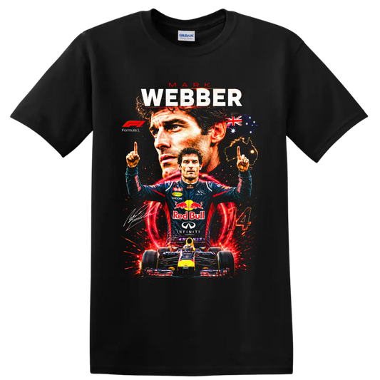 Mark Webber Red Bull Racing Formula 1 collage with Australian flag, race car and number 14 on a Black T Shirt
