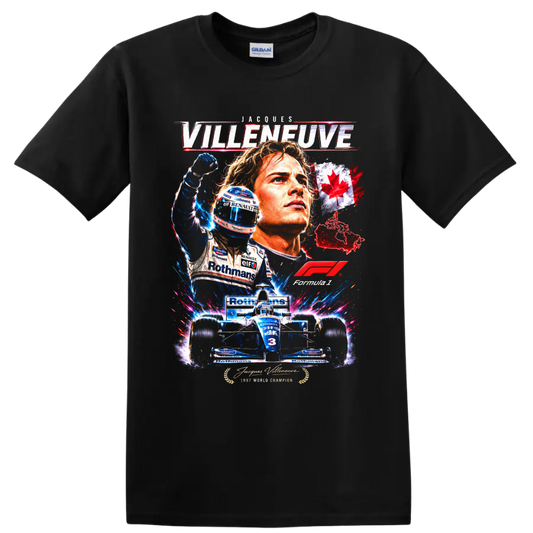 Jacques Villeneuve Williams Renault 1997 champion racing collage with Canadian maple leaf on a Black T Shirt