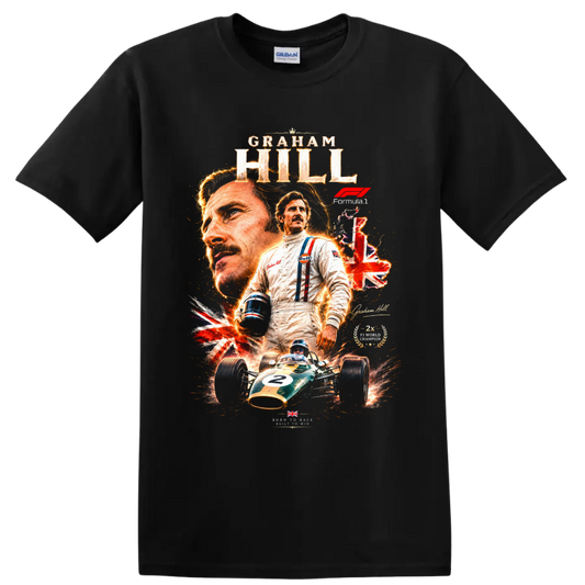 Graham Hill Formula 1 portrait with vintage number 2 race car and Union Jack collage on a Black T Shirt