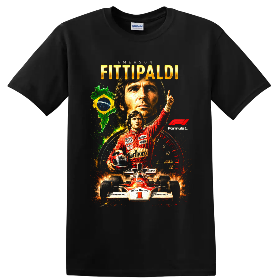Emerson Fittipaldi Formula 1 racing collage with Brazil flag, number 1 car and portraits on a Black T Shirt