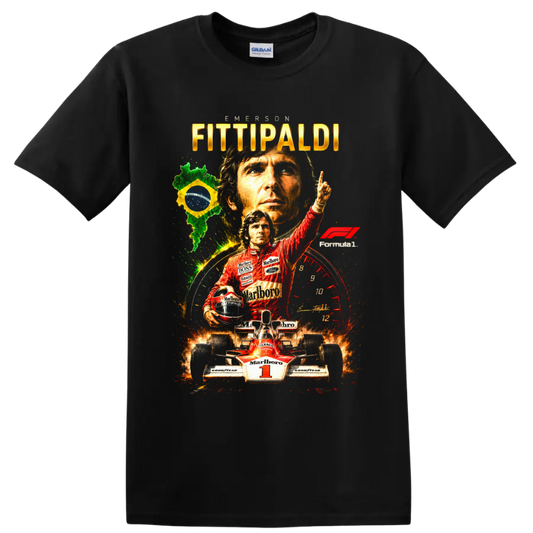 Emerson Fittipaldi Formula 1 racing collage with Brazil flag, number 1 car and portraits on a Black T Shirt