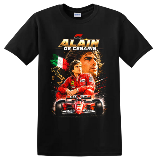Alain de Cesaris Formula 1 graphic with driver portraits, Italy motif, and red race car on a Black T Shirt