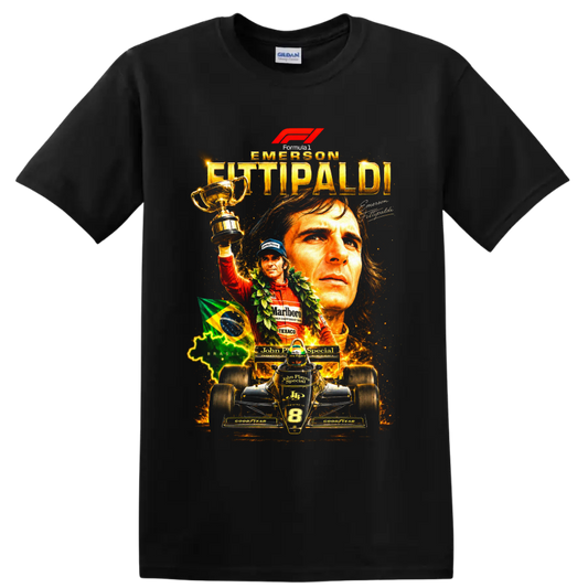Emerson Fittipaldi Formula 1 Lotus trophy and number 8 race car vintage collage on a Black T Shirt