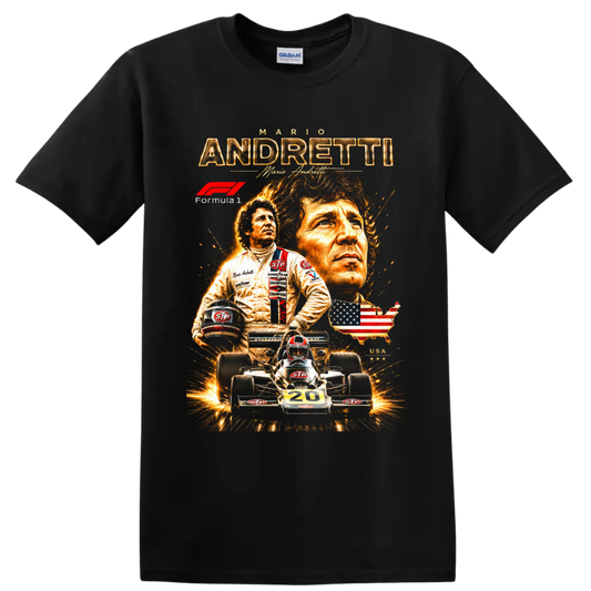 Mario Andretti Formula 1 portrait collage with number 20 race car and USA map on a Black T Shirt