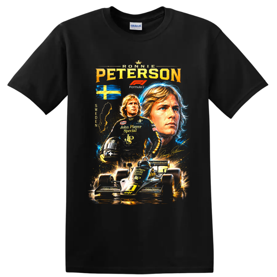 Ronnie Peterson Lotus Formula 1 collage with Swedish flag and black-and-gold race car on a Black T Shirt