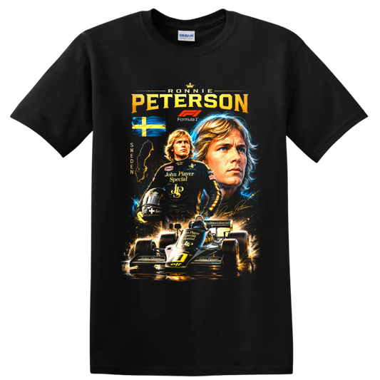 Ronnie Peterson Lotus Formula 1 collage with Swedish flag and black-and-gold race car on a Black T Shirt