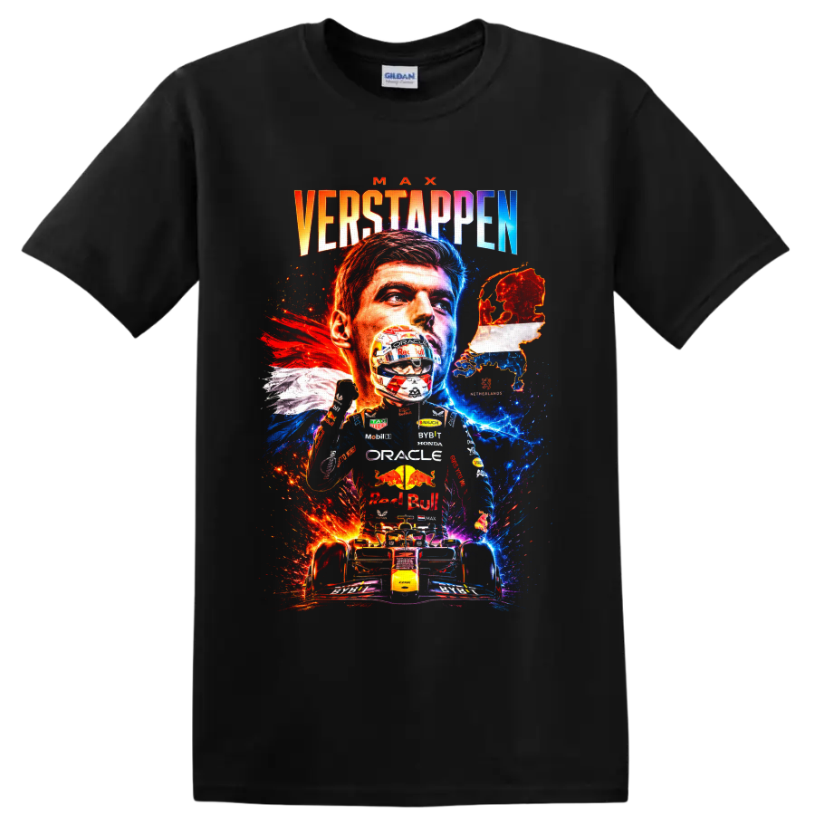 Max Verstappen Formula 1 portrait, helmet, race car, and Netherlands map graphic on a Black T Shirt