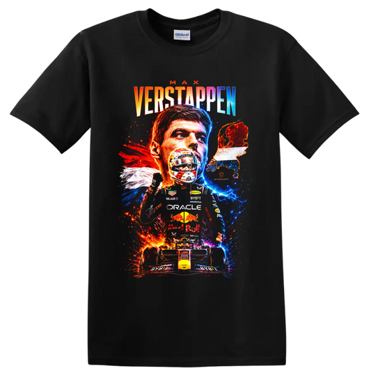 Max Verstappen Formula 1 portrait, helmet, race car, and Netherlands map graphic on a Black T Shirt