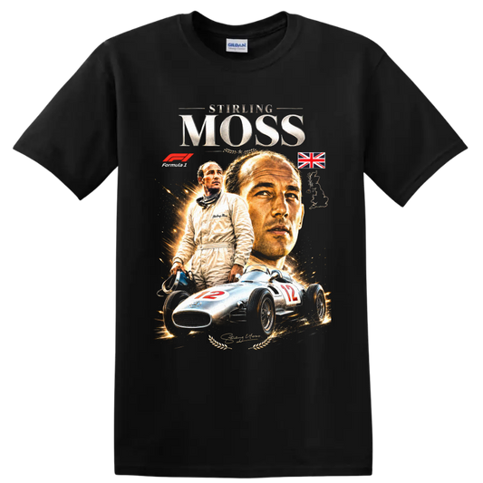 Stirling Moss portrait with silver number 12 Mercedes-Benz race car vintage racing graphic on a Black T Shirt