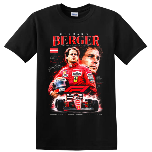 Gerhard Berger Ferrari Formula 1 vintage racing collage with red number 28 car on a Black T Shirt