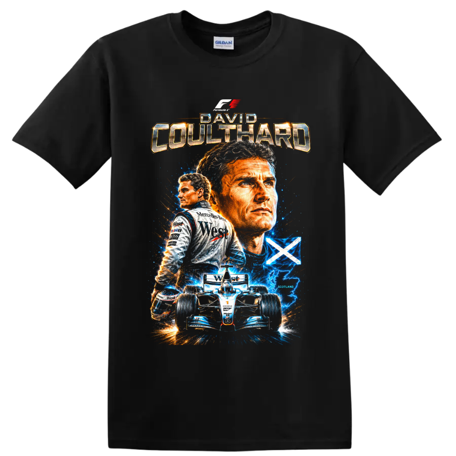 David Coulthard Formula 1 collage with McLaren car, Scotland flag, and electric effects on a Black T Shirt