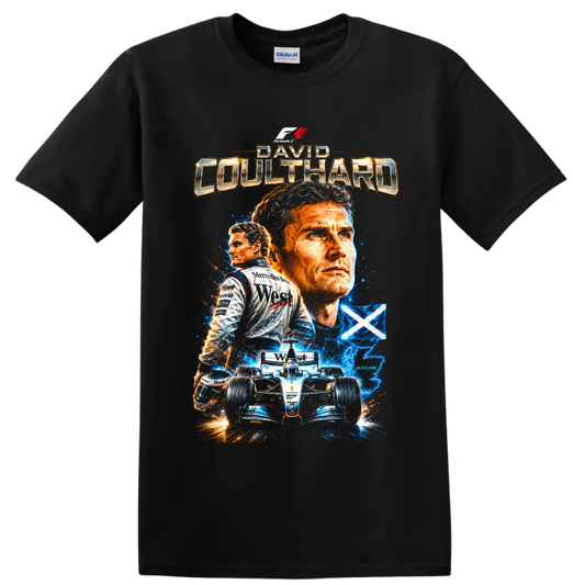 David Coulthard Formula 1 collage with McLaren car, Scotland flag, and electric effects on a Black T Shirt