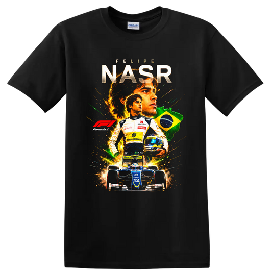 Felipe Nasr Formula 1 racing collage with Brazil flag and number 12 car on a Black T Shirt