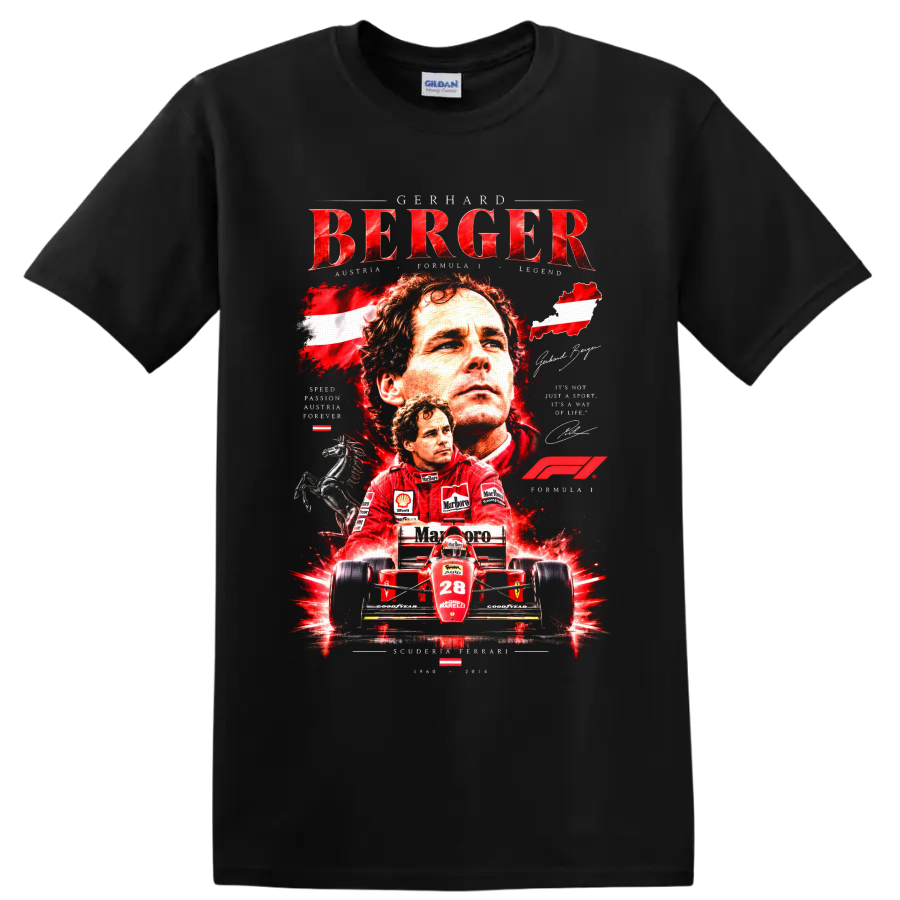 Gerhard Berger Ferrari Formula 1 portrait and number 28 race car collage graphic on a Black T Shirt