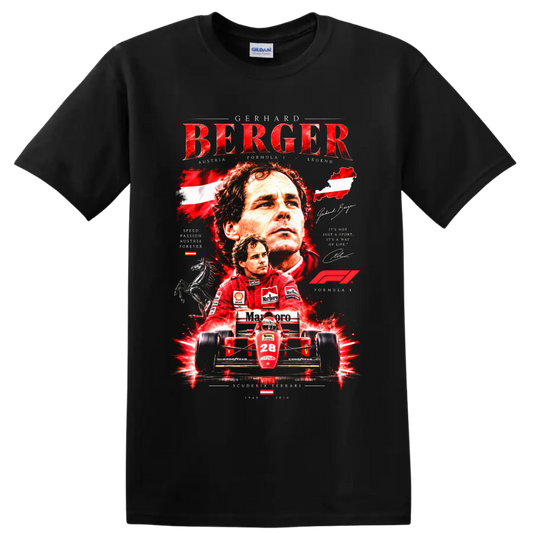Gerhard Berger Ferrari Formula 1 portrait and number 28 race car collage graphic on a Black T Shirt