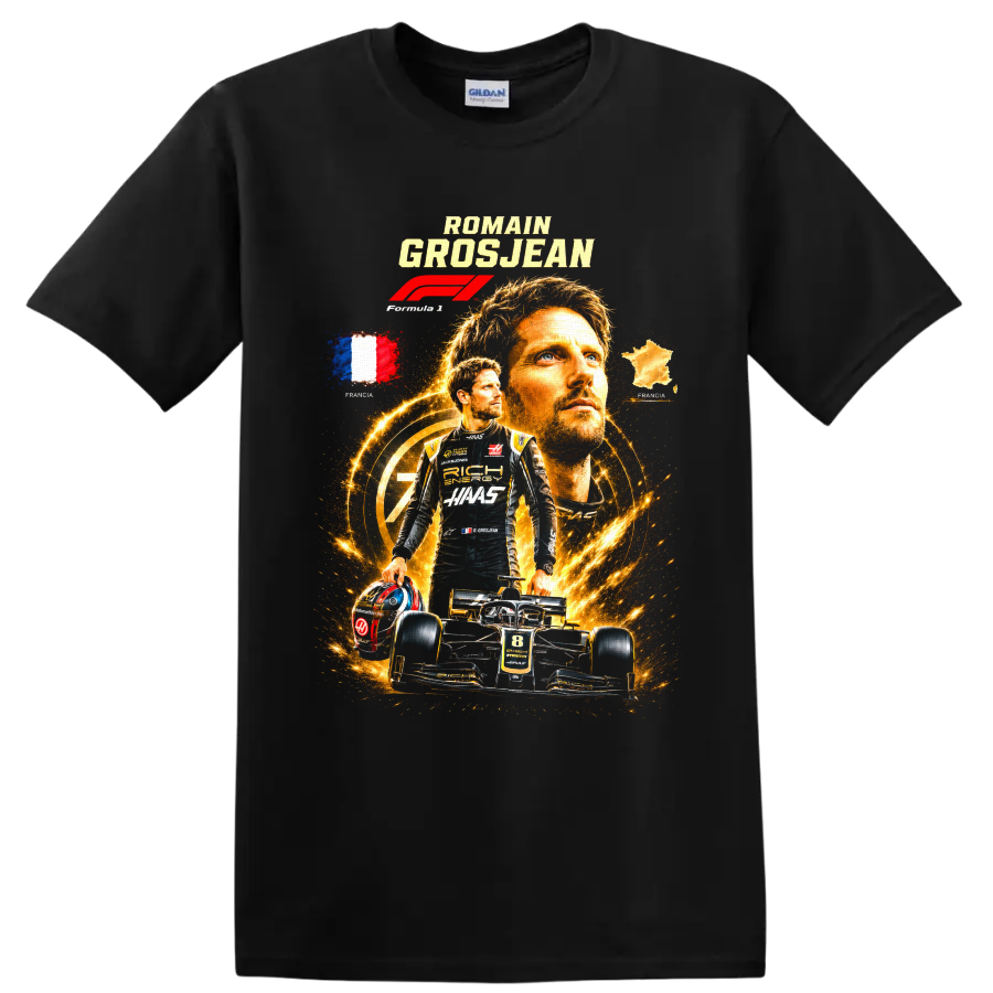 Romain Grosjean Haas F1 racing collage with number 8 car and French imagery on a Black T Shirt